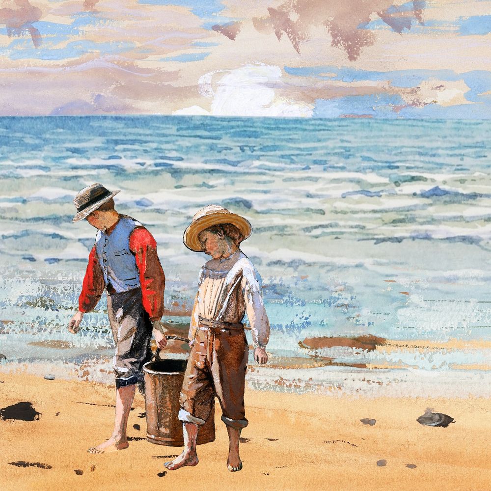 Watercolor boys at beach, editable remix design