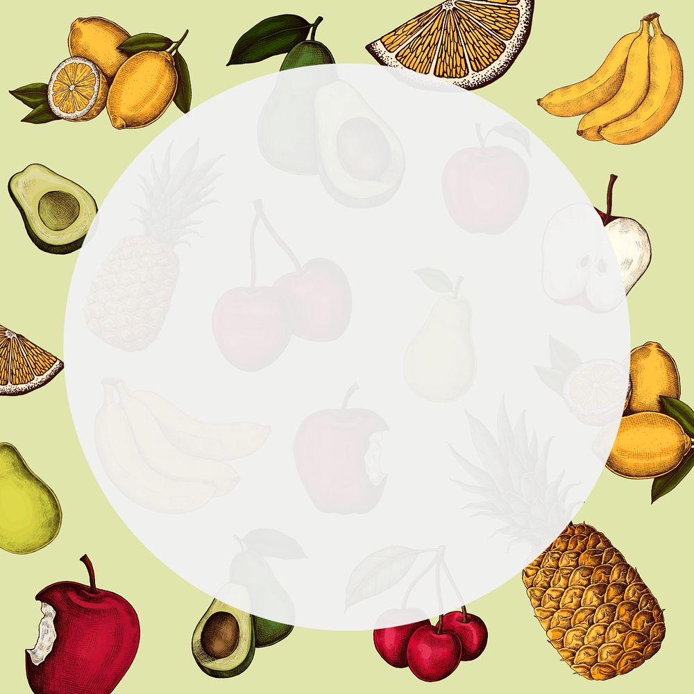 White circle with colorful fruit illustration, editable design