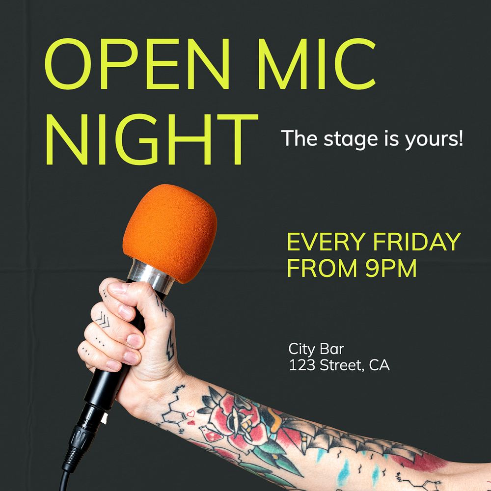 Open mic night Instagram post template, editable text