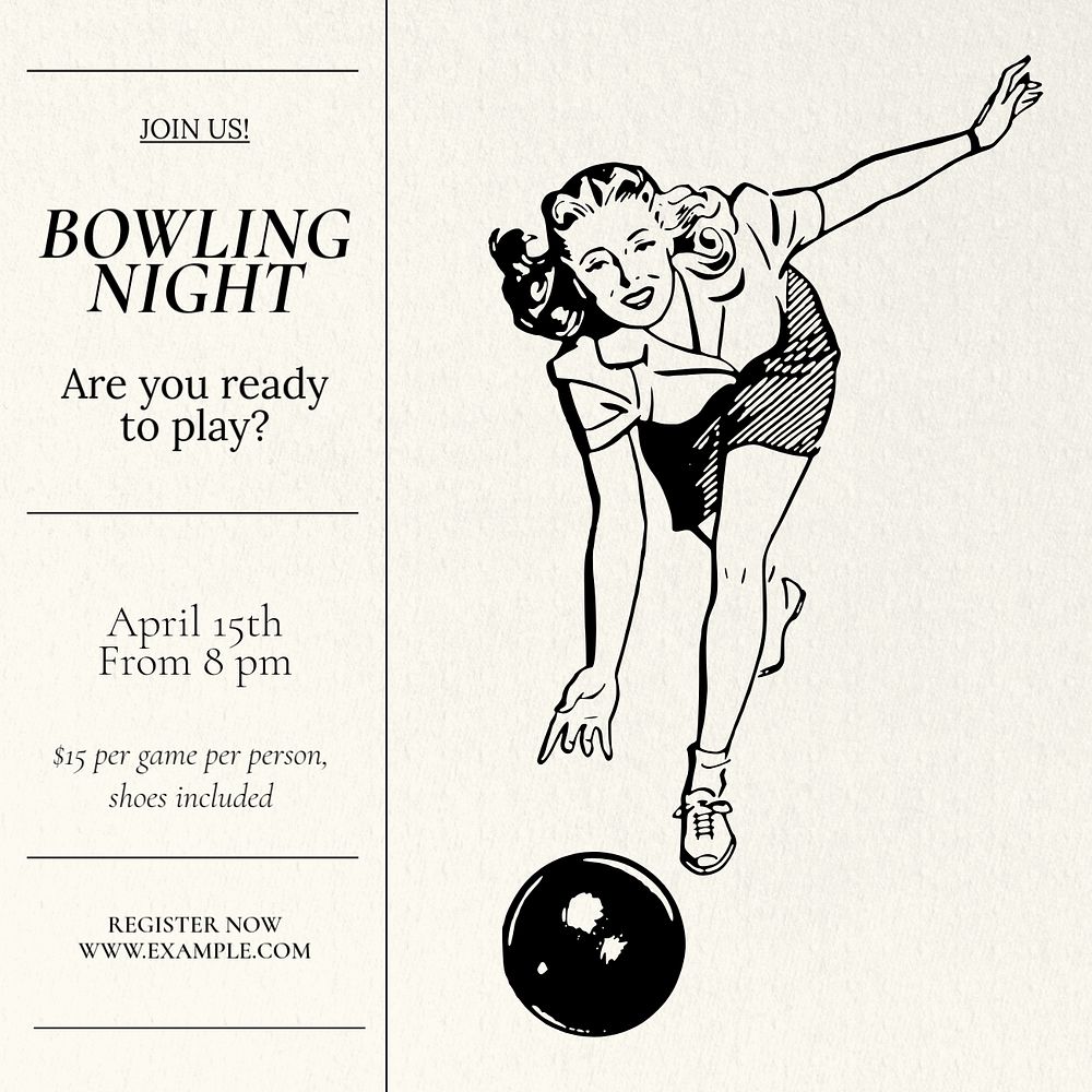 Bowling night Instagram post template, editable text