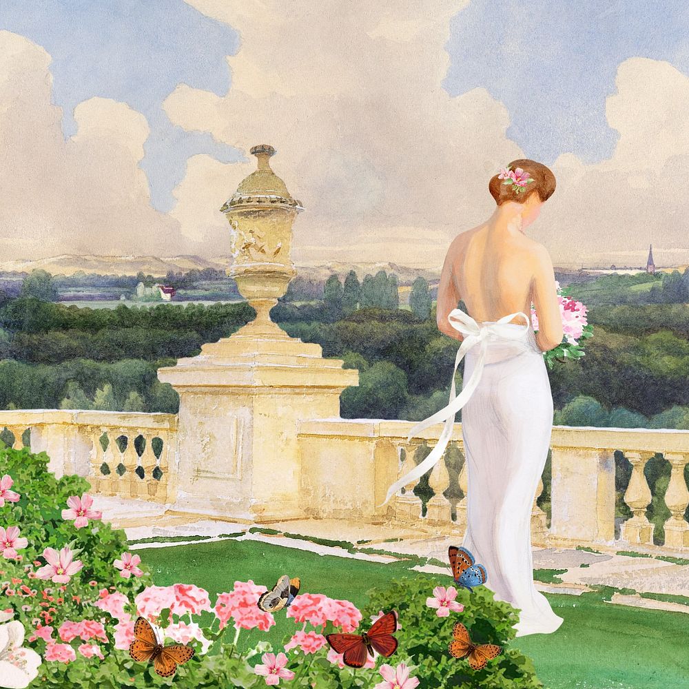 Watercolor bride at balcony, editable remix design