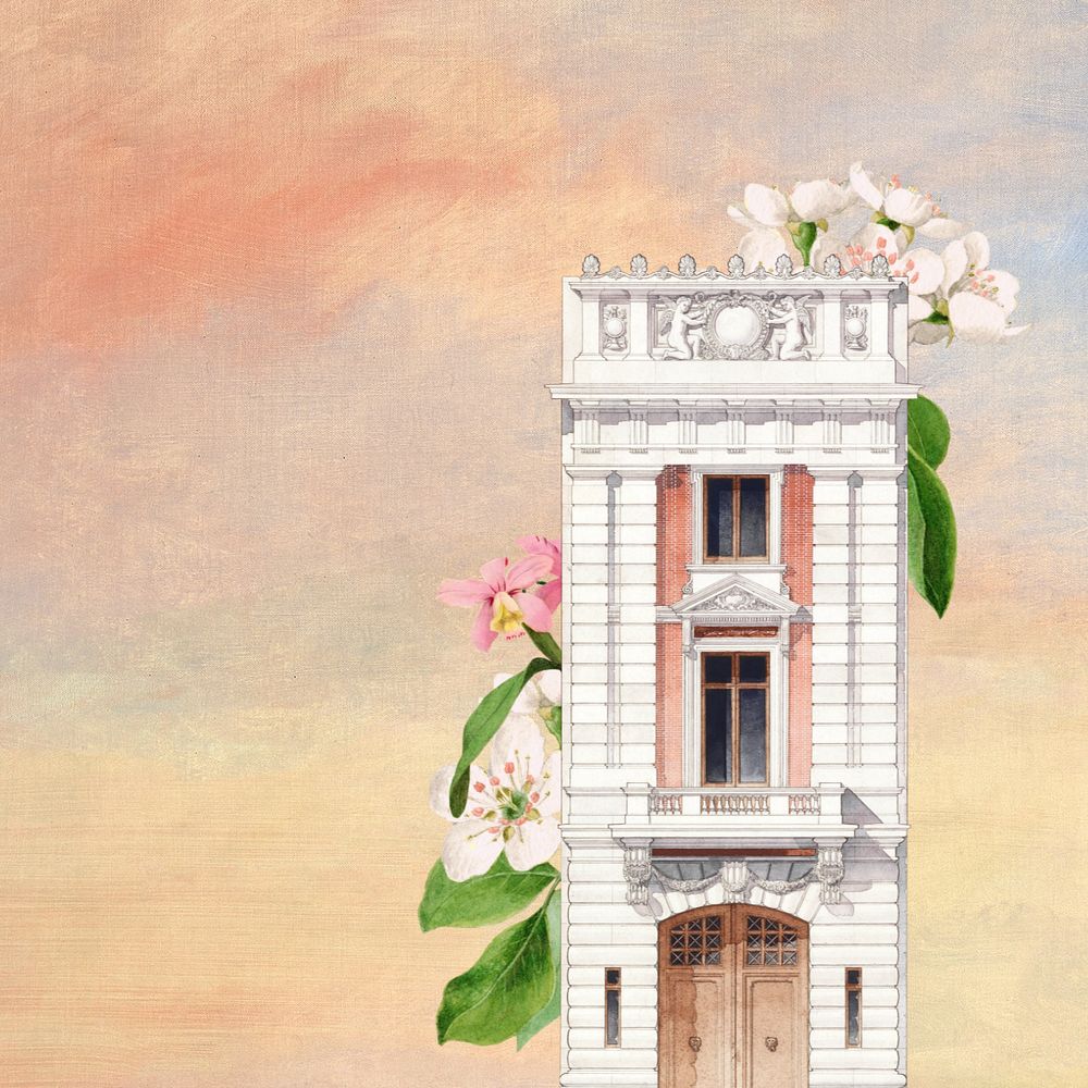 Watercolor building & flower, editable remix design