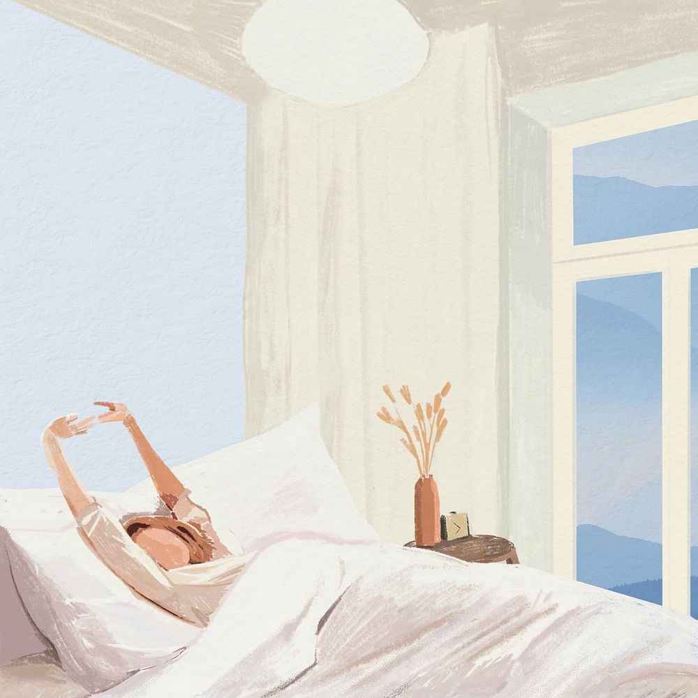 Woman waking up, white and blue illustration