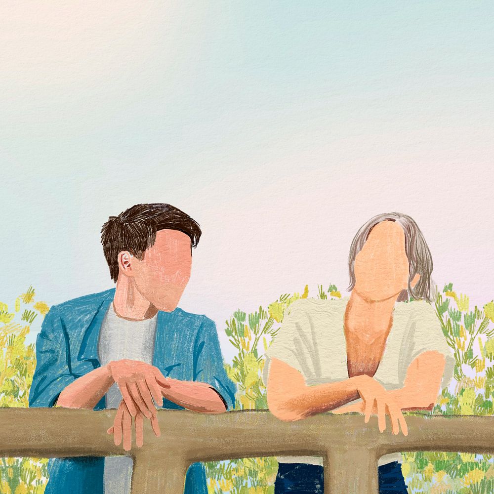 People talking, pastel sky illustration