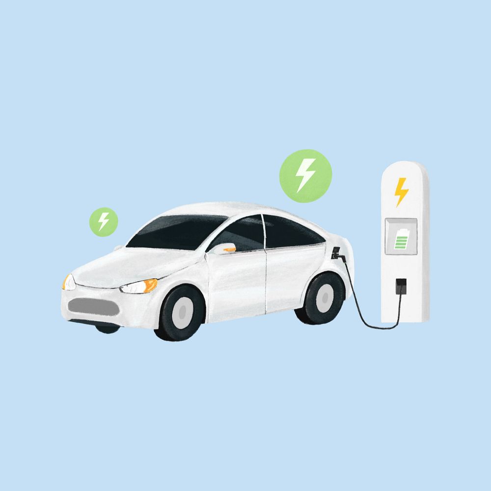 Electric car environment illustration blue background, editable design