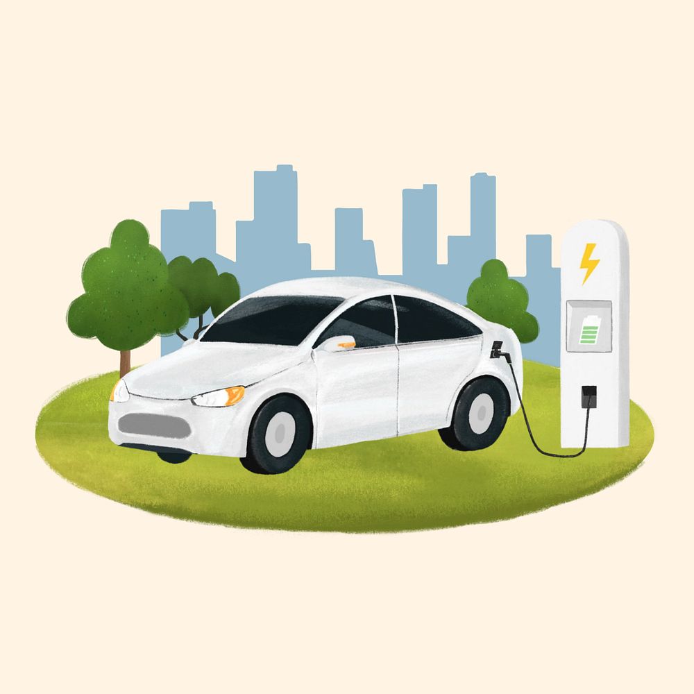 Electric car environment illustration orange background, editable design