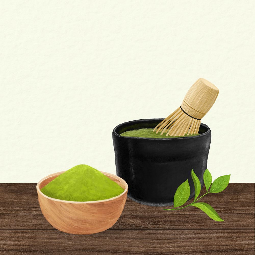 Japanese matcha, drinks illustration, green background, editable design