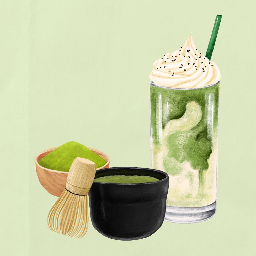 Matcha drink, cafe illustration, green background, editable design