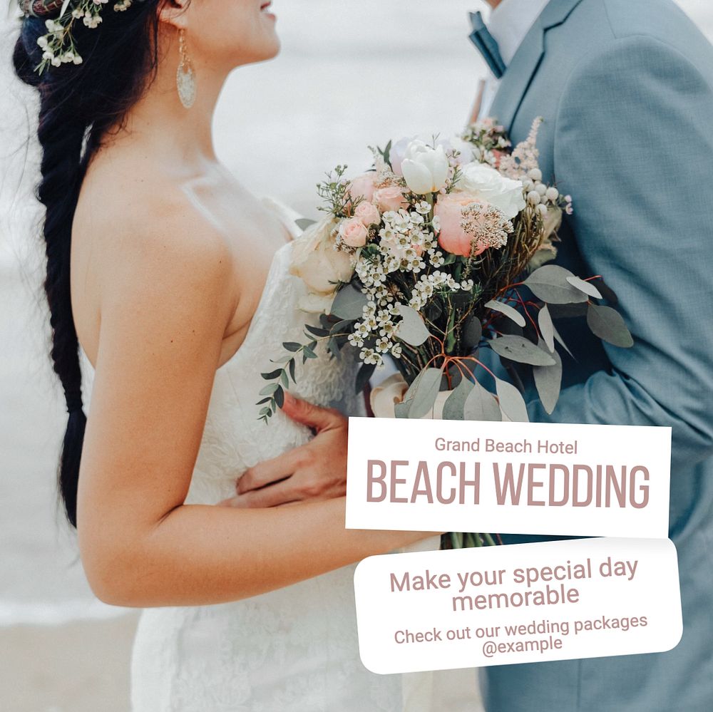 Beach wedding Instagram post template, editable text