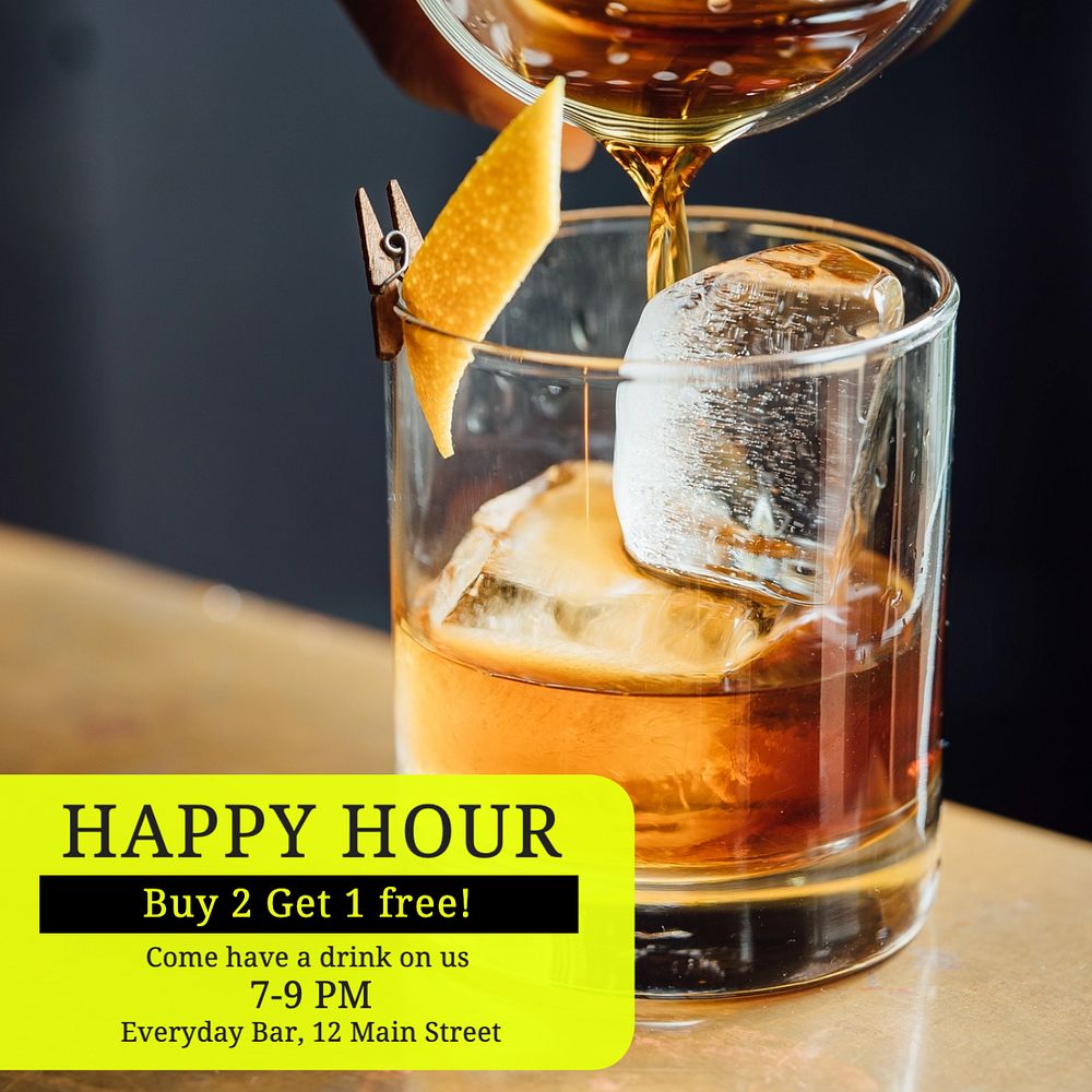 Happy hour Instagram post template, editable text