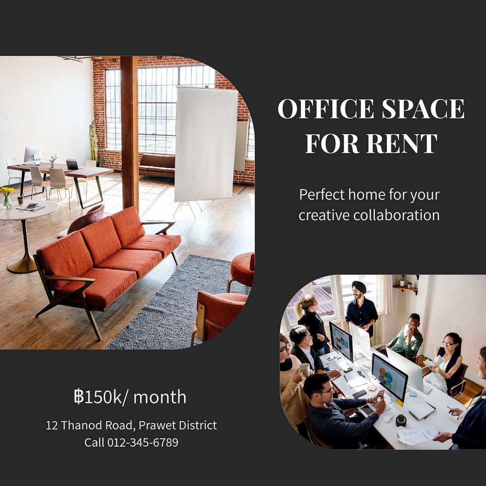 Office space rental Instagram post template, editable text