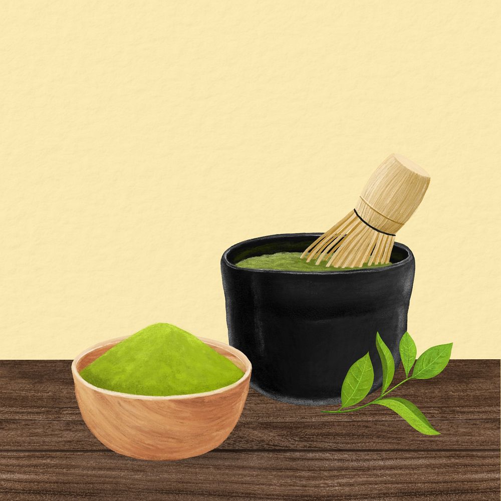 Japanese matcha, drinks illustration, yellow background, editable design