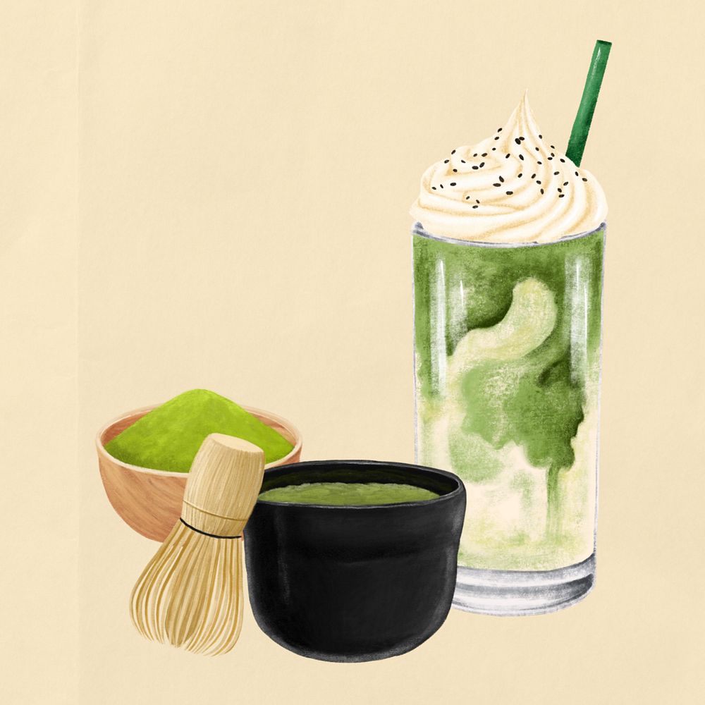 Matcha drink, cafe illustration, beige background, editable design