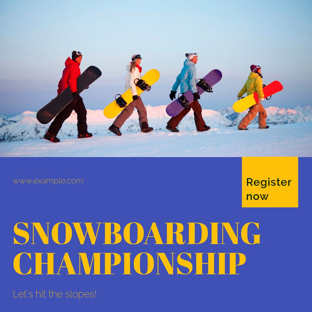 Snowboard tournament Instagram post template, editable text