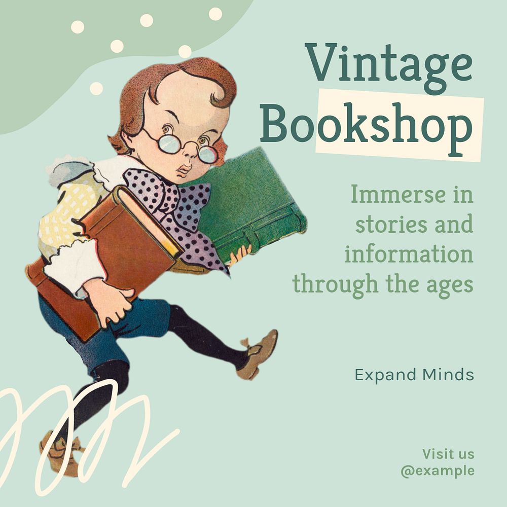 Vintage bookshop Instagram post template, editable text