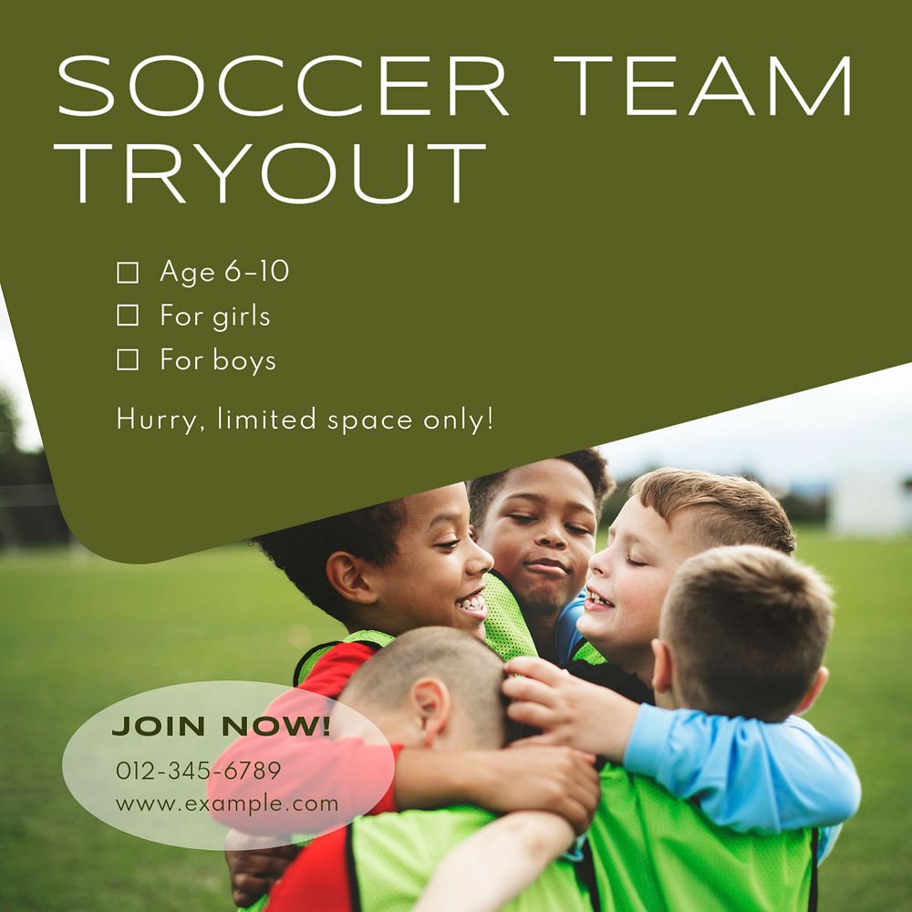 Soccer team tryout post template, editable social media design