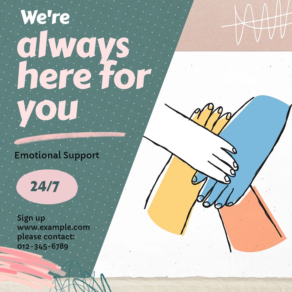 24/7 emotional support post template, editable social media design