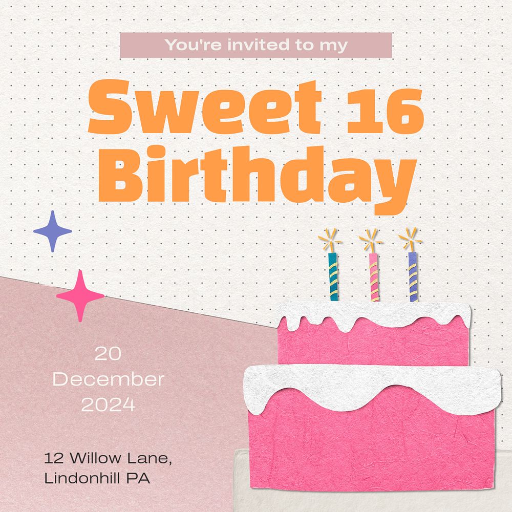 Sweet sixteen birthday Instagram post template, editable text