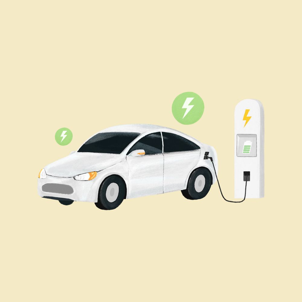 Electric car environment illustration yellow background, editable design