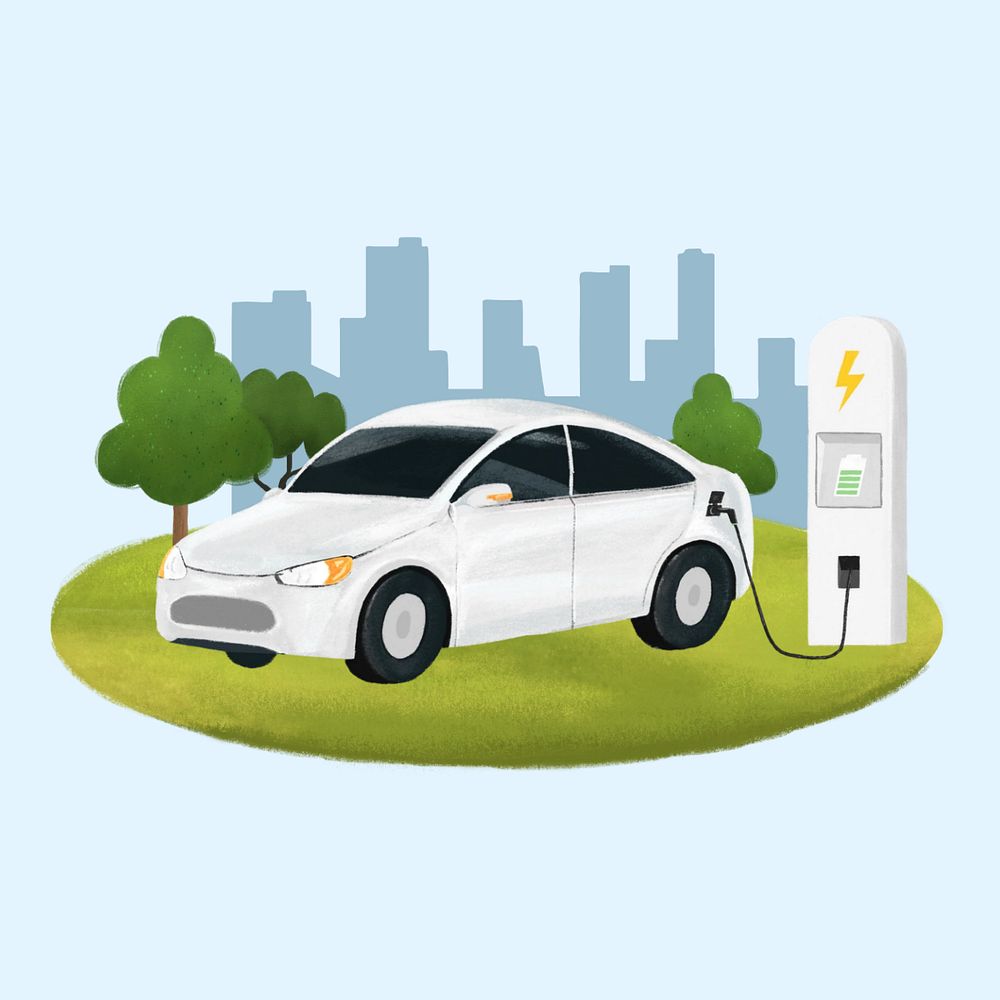 Electric car environment illustration blue background, editable design