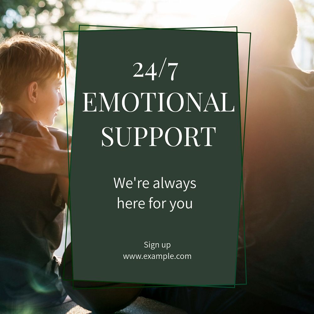 24/7 emotional support  Instagram post template, editable text