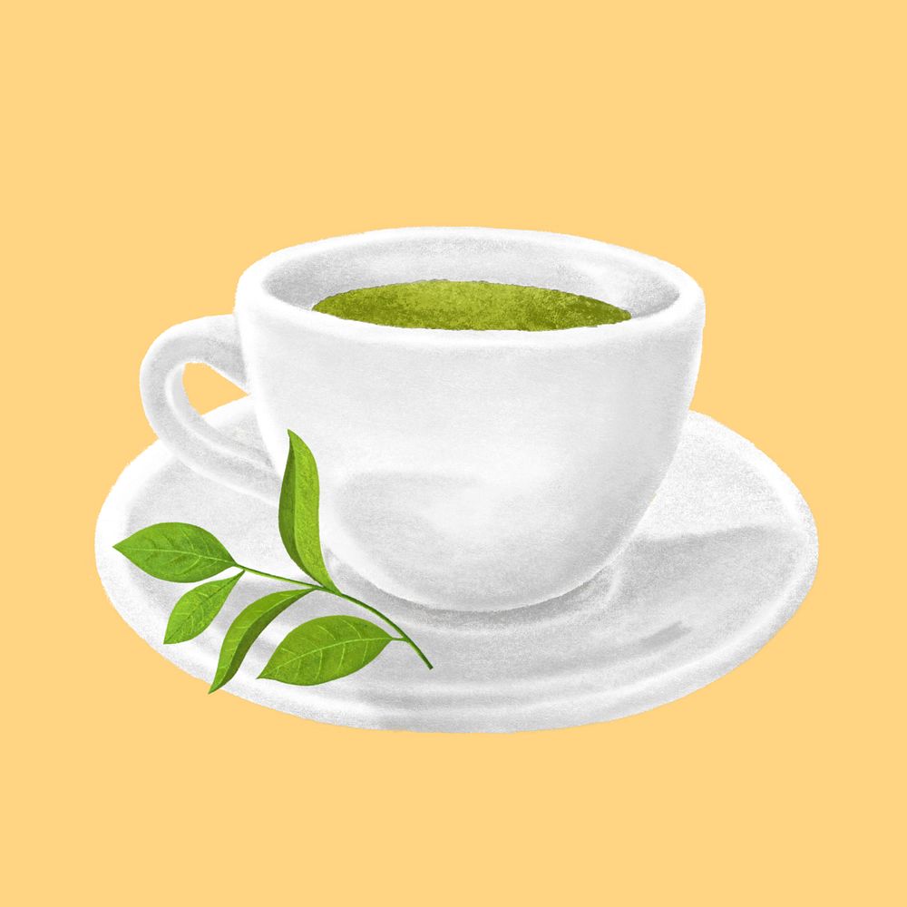 Green tea, hot drinks, yellow background, editable design