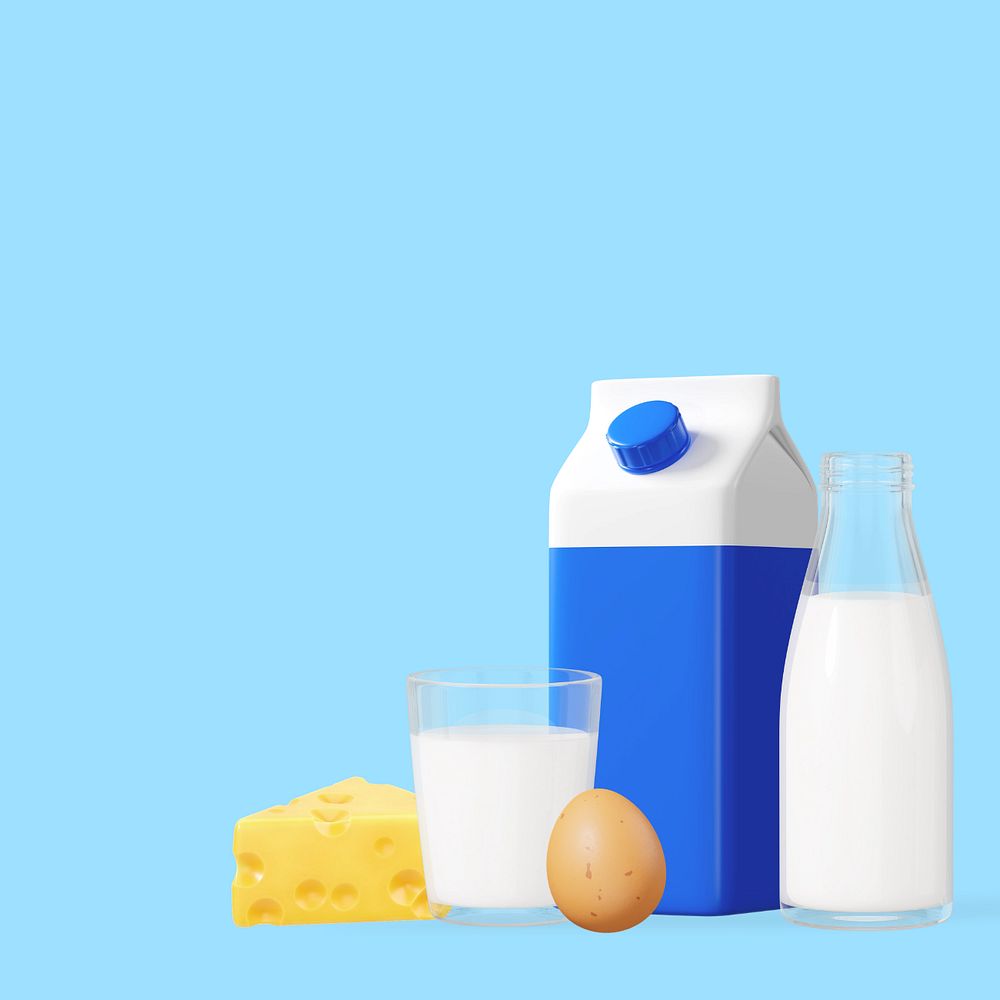 3D dairy products background, milk egg cheese