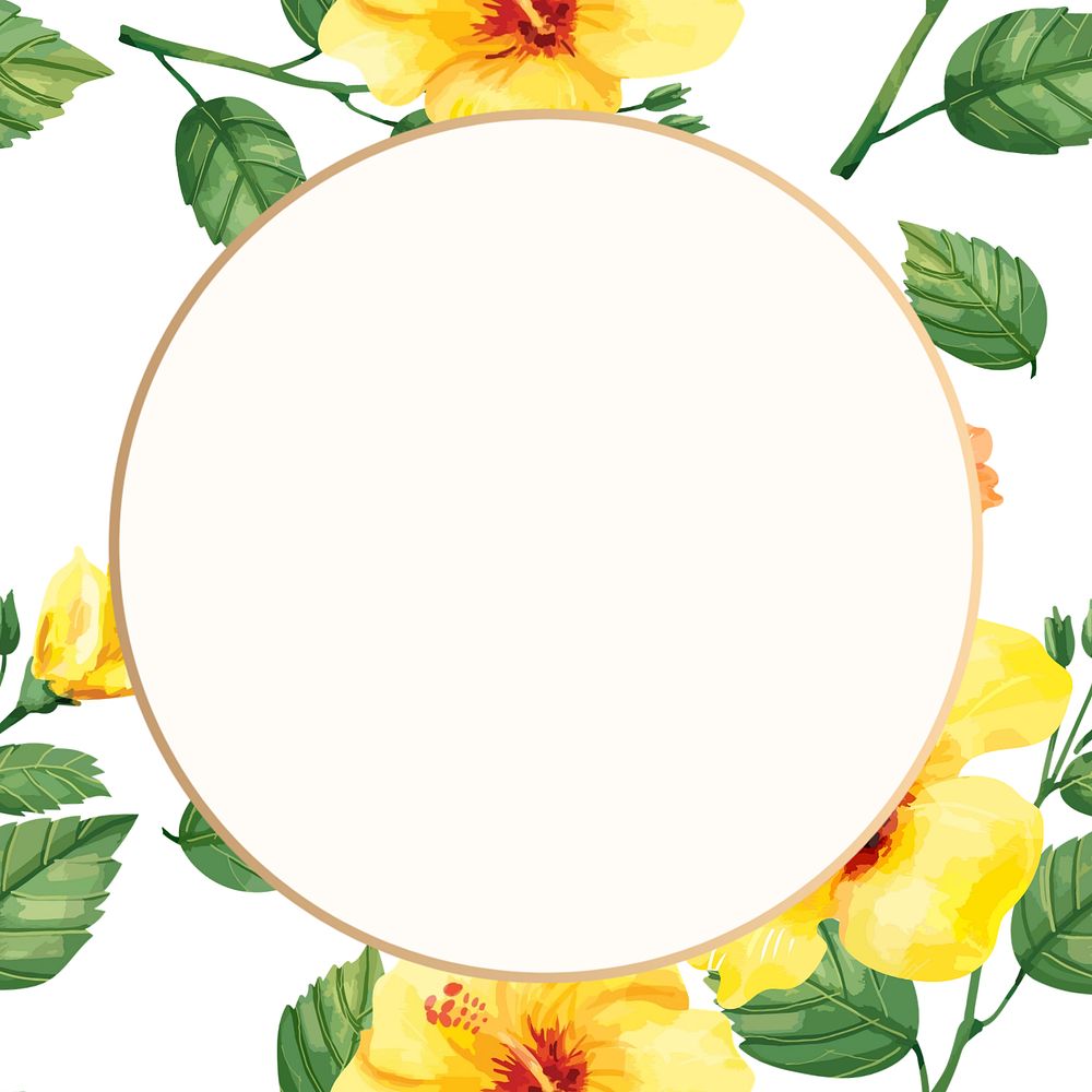 Yellow hibiscus round frame, editable watercolor flower design