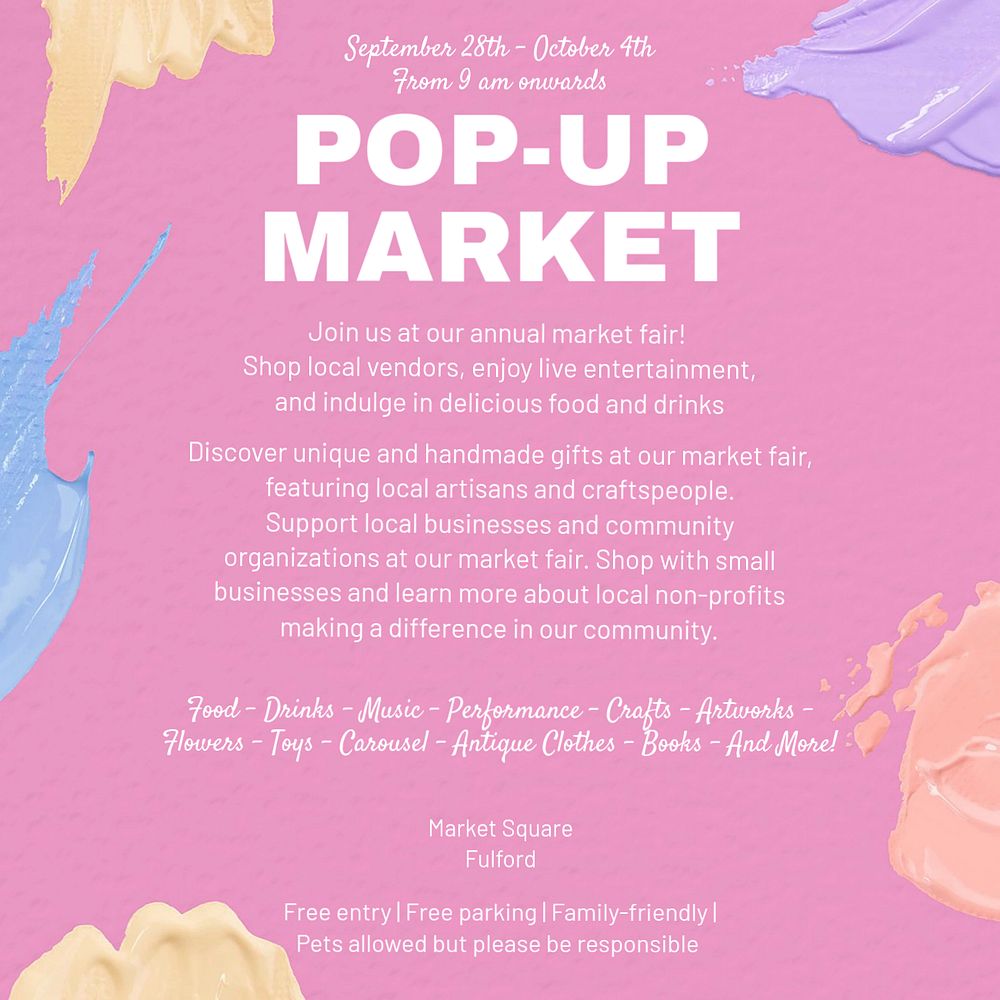 Pop-up market Instagram post template, editable design