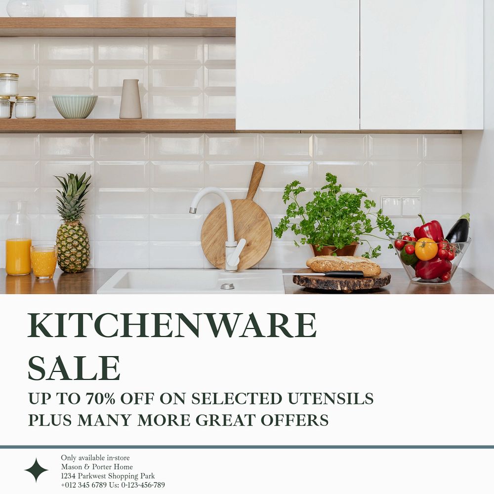 Kitchenware sale Instagram post template, editable text