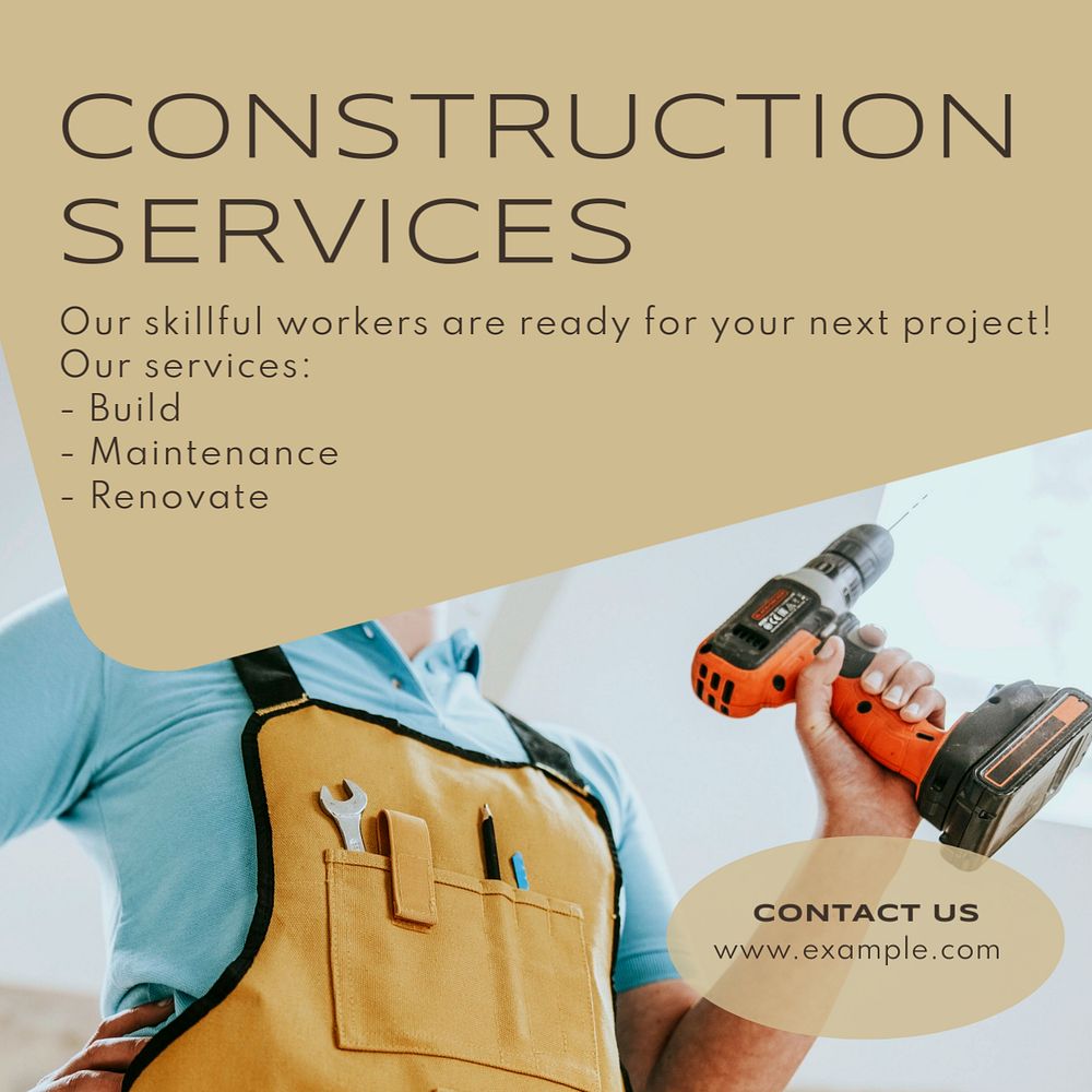 Construction services Instagram post template, editable text