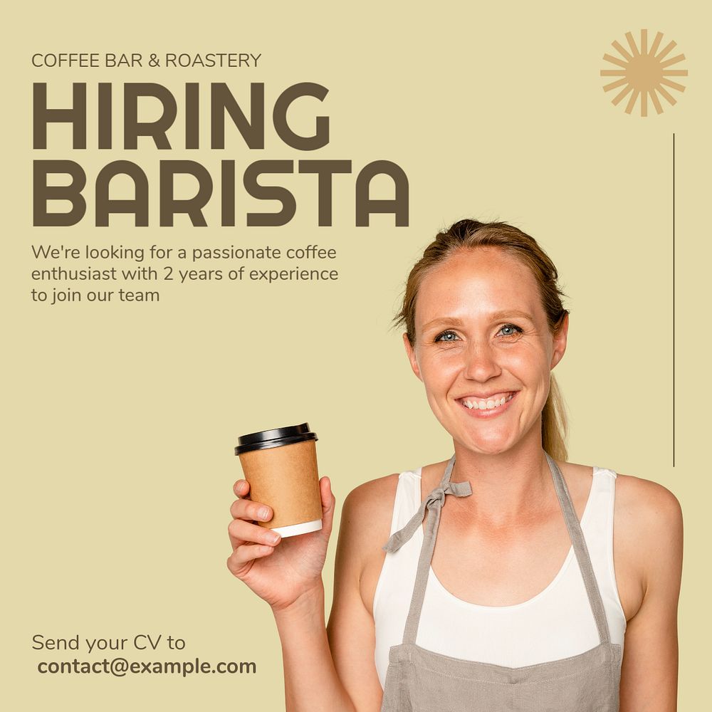 Hiring barista   Instagram post template, editable text