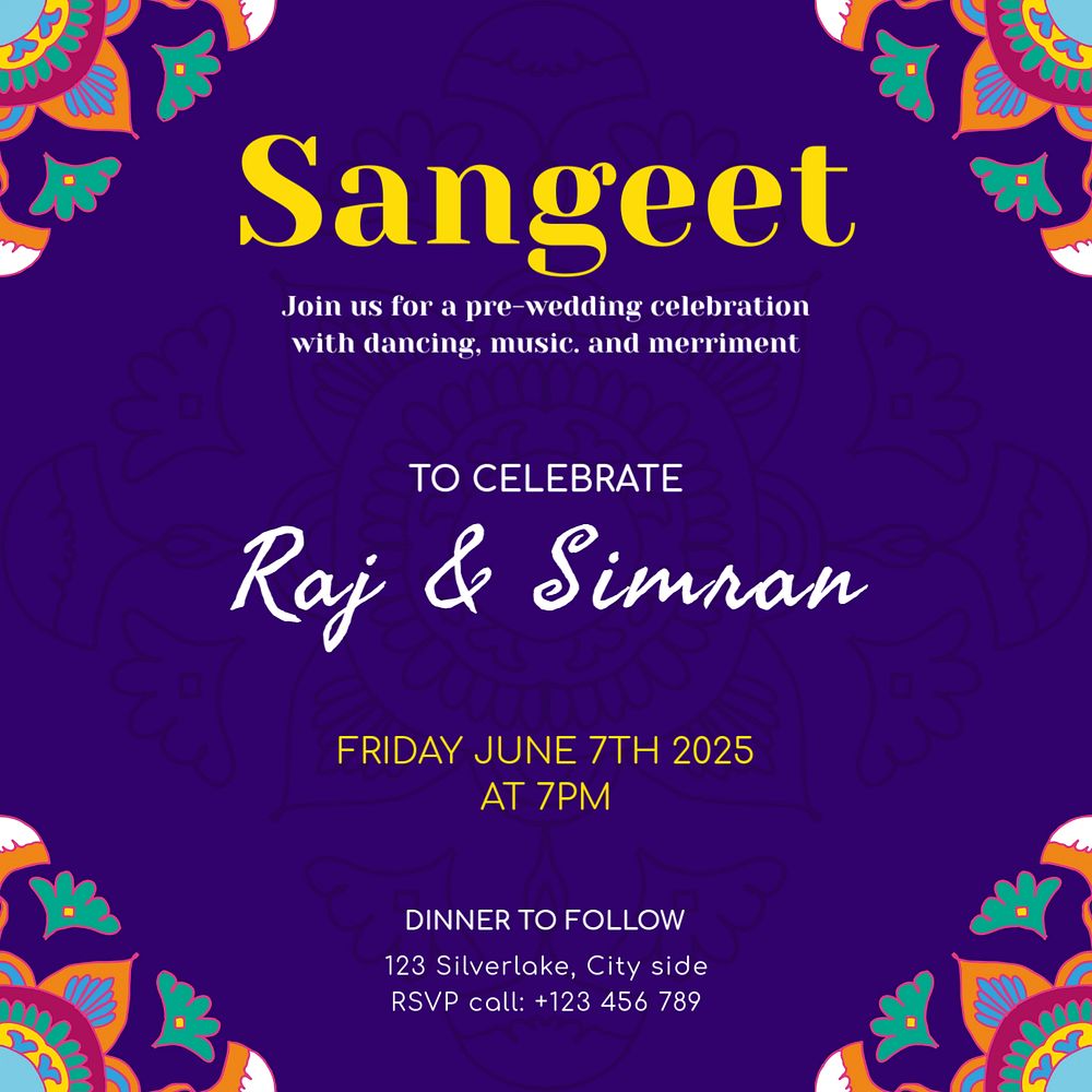 Sangeet wedding card Instagram post template, editable text