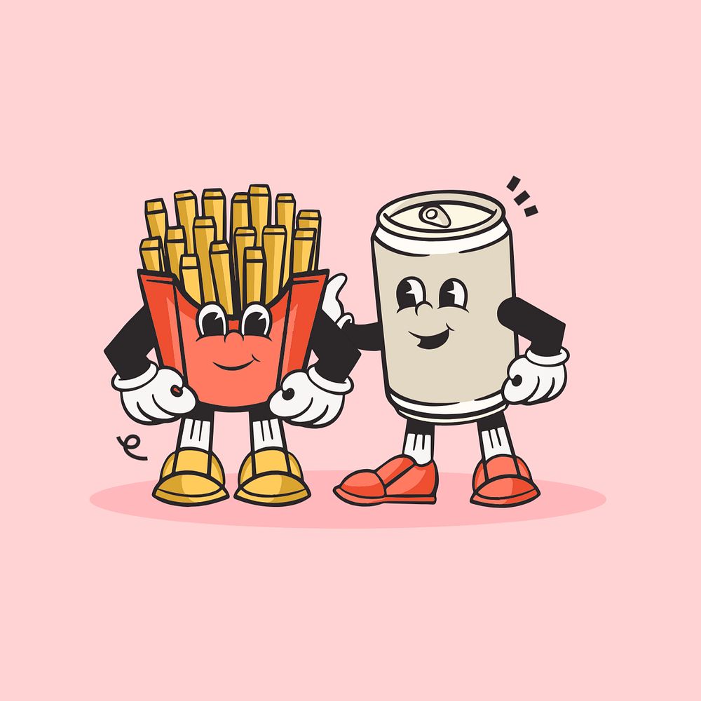 Drink and fries retro illustration, pink editable design