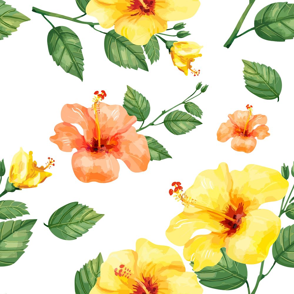 Yellow hibiscus pattern, editable watercolor flower design