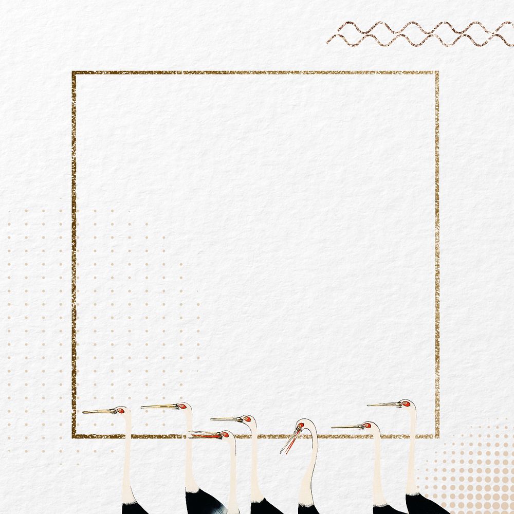 Japanese crane frame background, gold glittery editable design