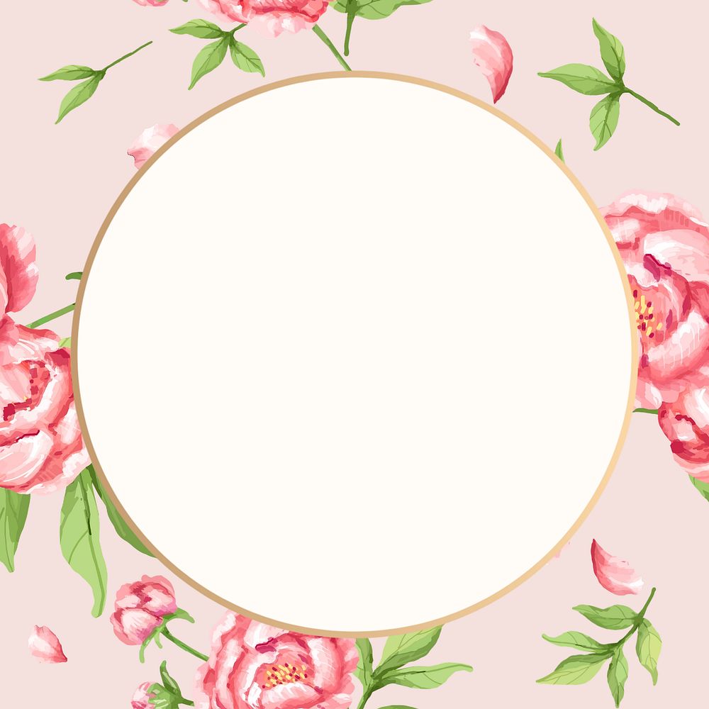 Pink peony round frame, editable watercolor flower design