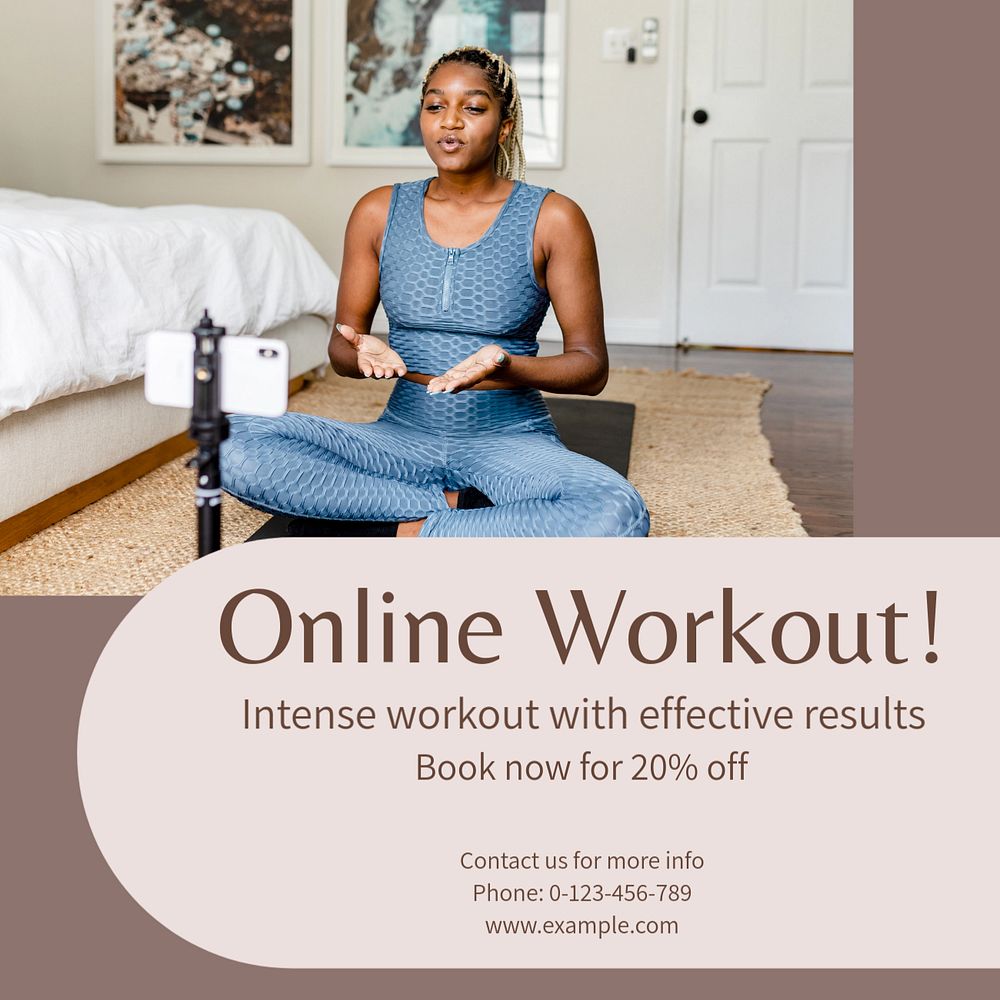 Online workout  Instagram post template, editable text