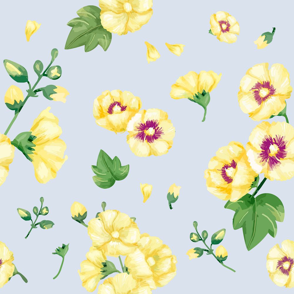 Yellow hollyhocks pattern, editable watercolor flower design