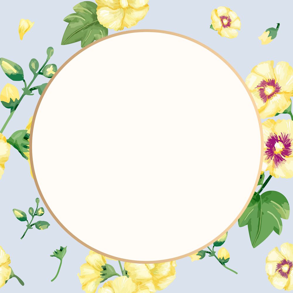 Yellow hollyhocks round frame, editable watercolor flower design