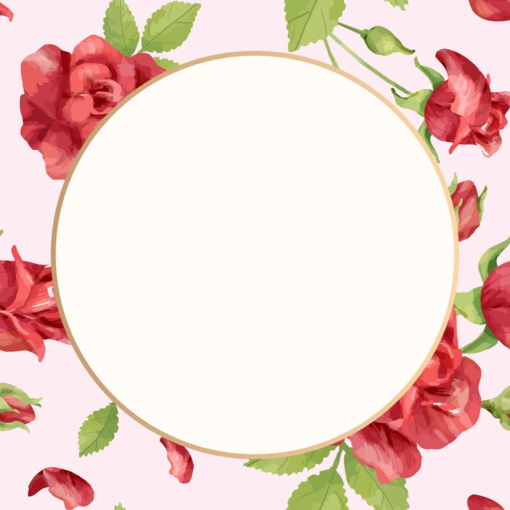 Editable floral round frame, watercolor red rose design