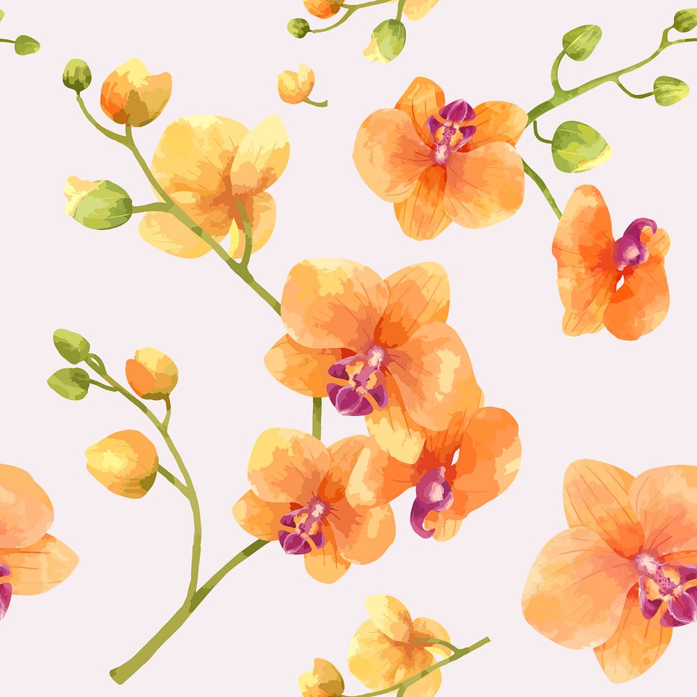 Orange orchid pattern, editable watercolor flower design