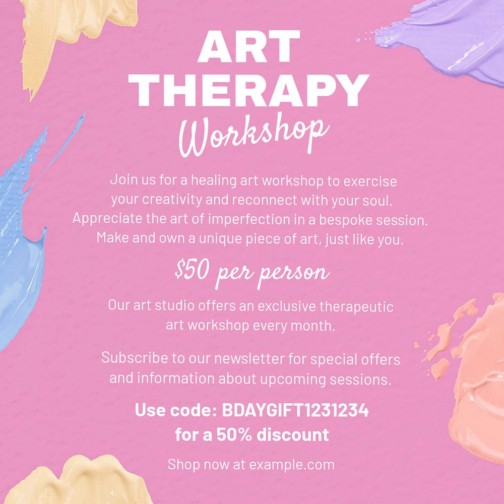 Art therapy workshop Instagram post template, editable design