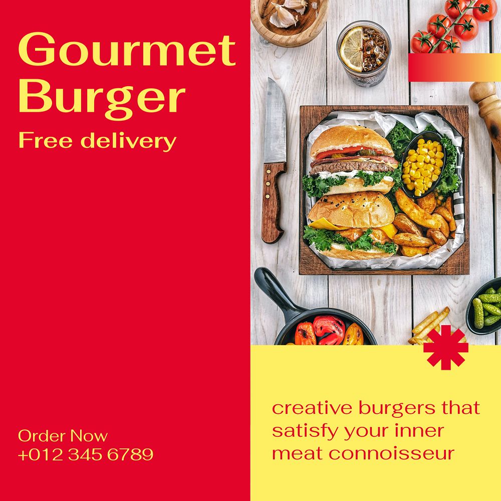 Gourmet burger Instagram post template, editable text