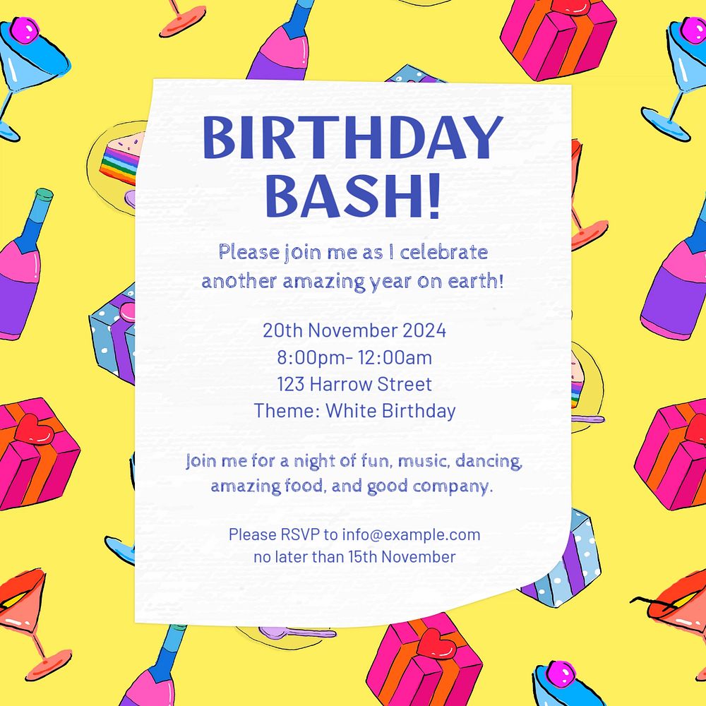 Birthday party invitation Instagram post template, editable text