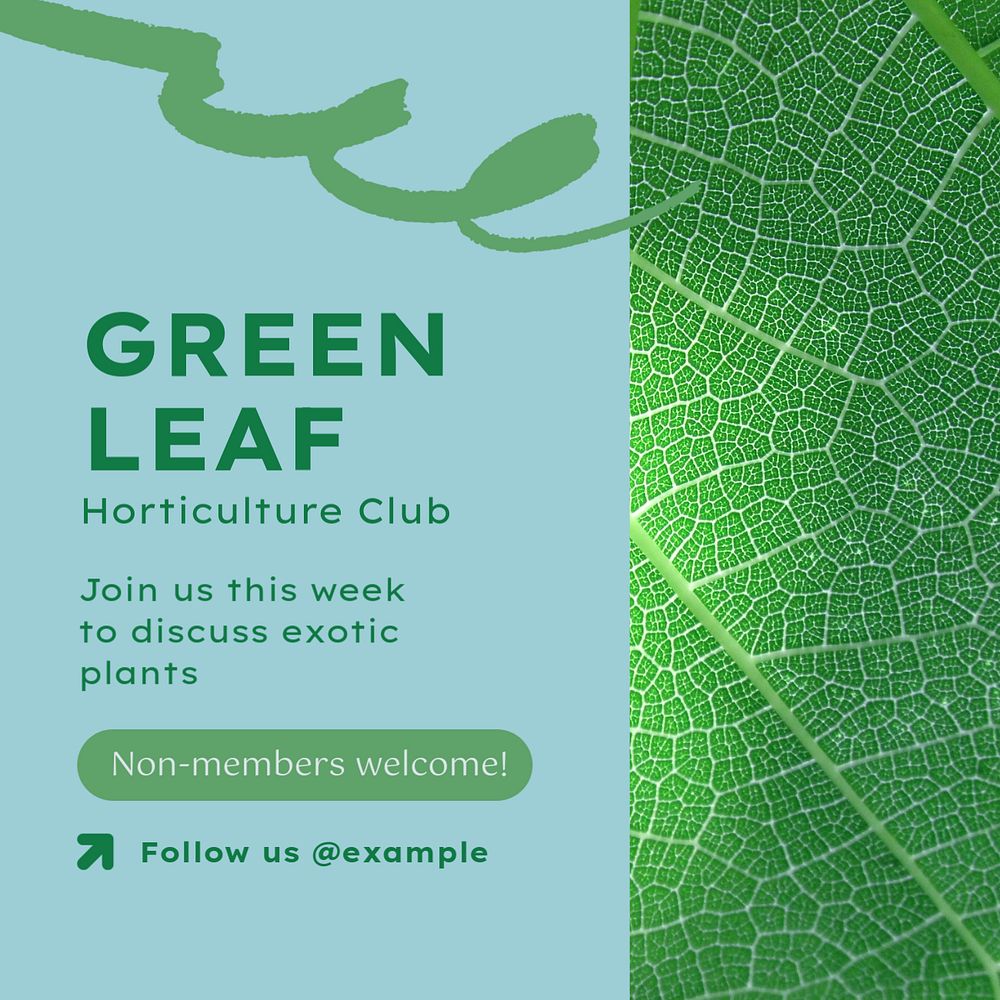 Green leaf club Instagram post template, editable text