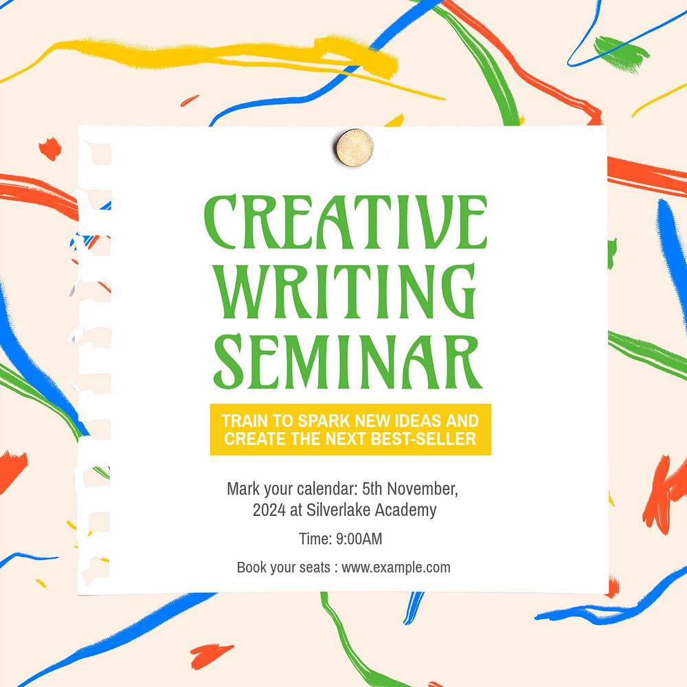 Creative writing seminar Instagram post template, editable text