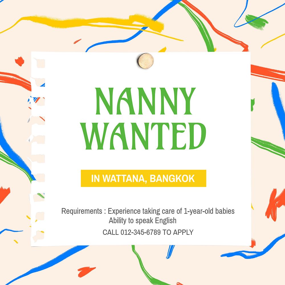 Nanny wanted Instagram post template, editable text