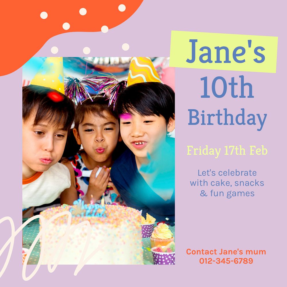 Kids birthday Instagram post template, editable text