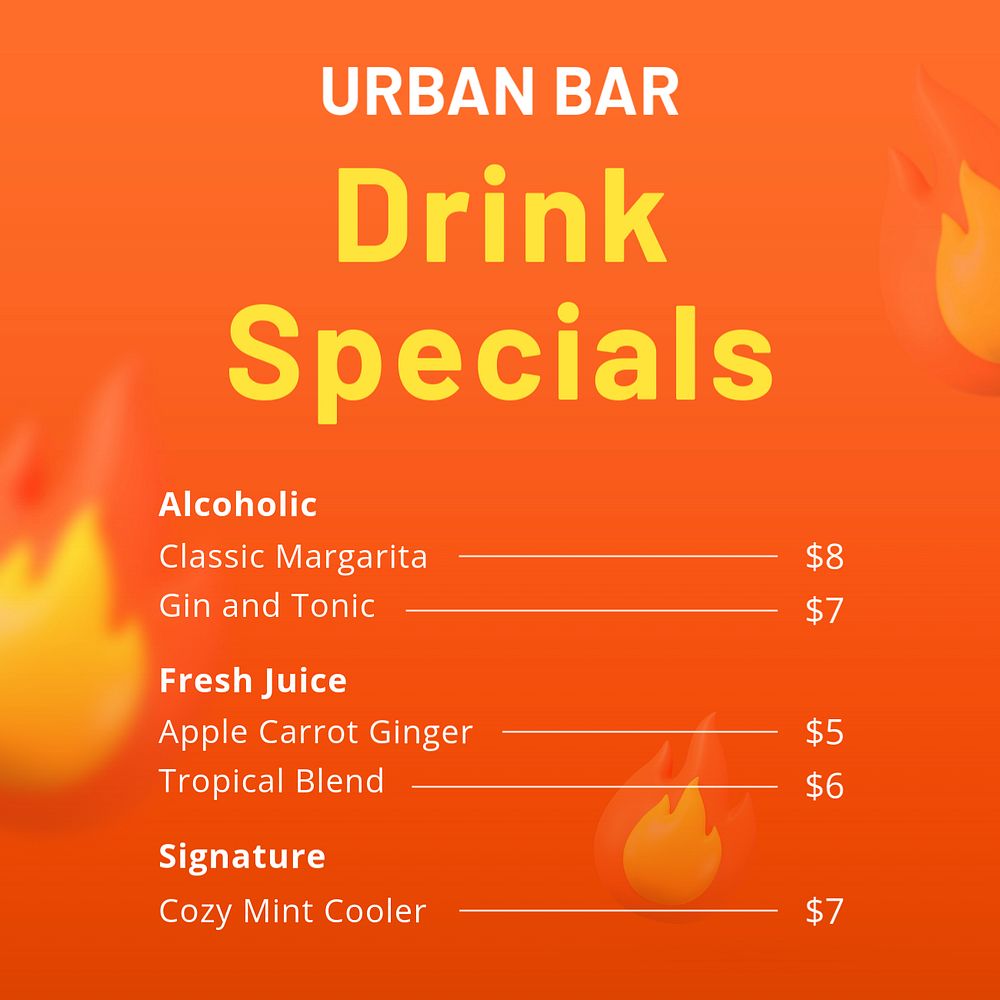 Daily drink specials Instagram post template, editable text